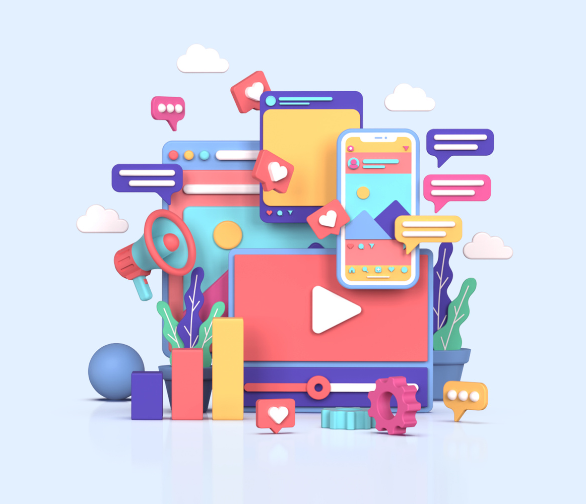 An illustration of a team collaborating on a digital marketing strategy.